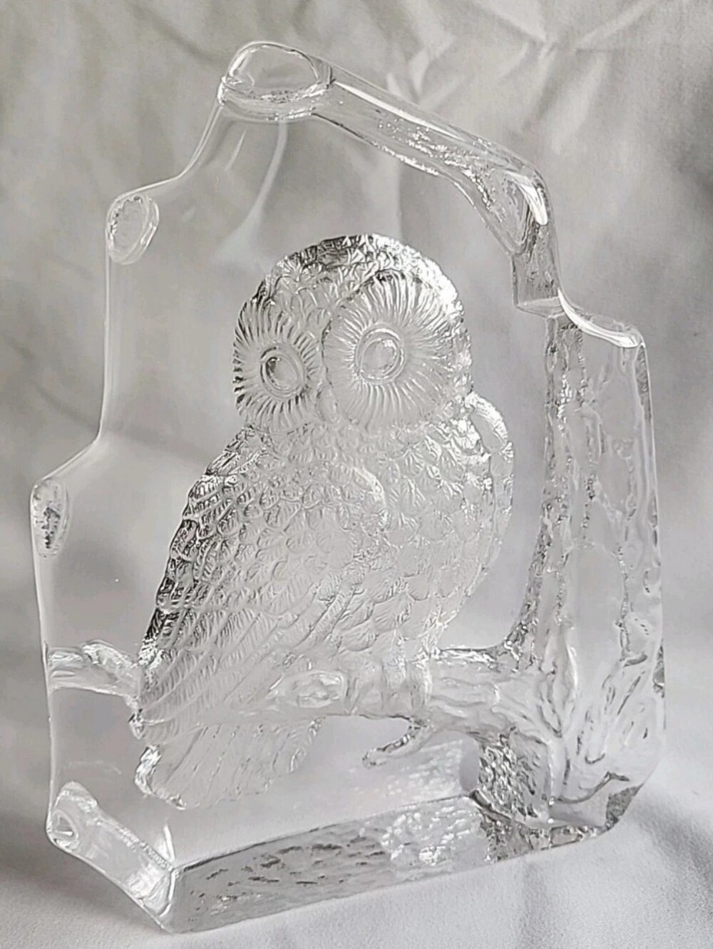 Vintage Owl Etched Glass Paperweight Iceberg 6" Clear Glass Owl Home Art